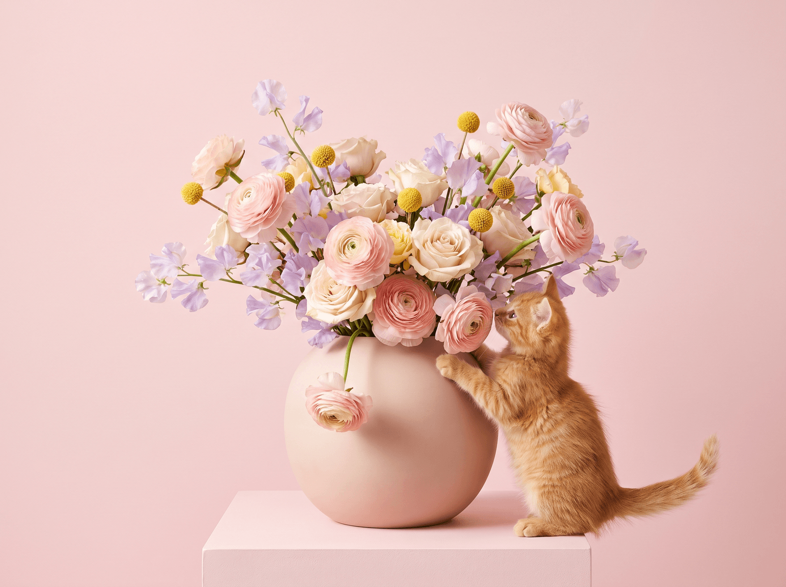 A ginger kitten reaching up at a pastel bouquet in a pink vase
